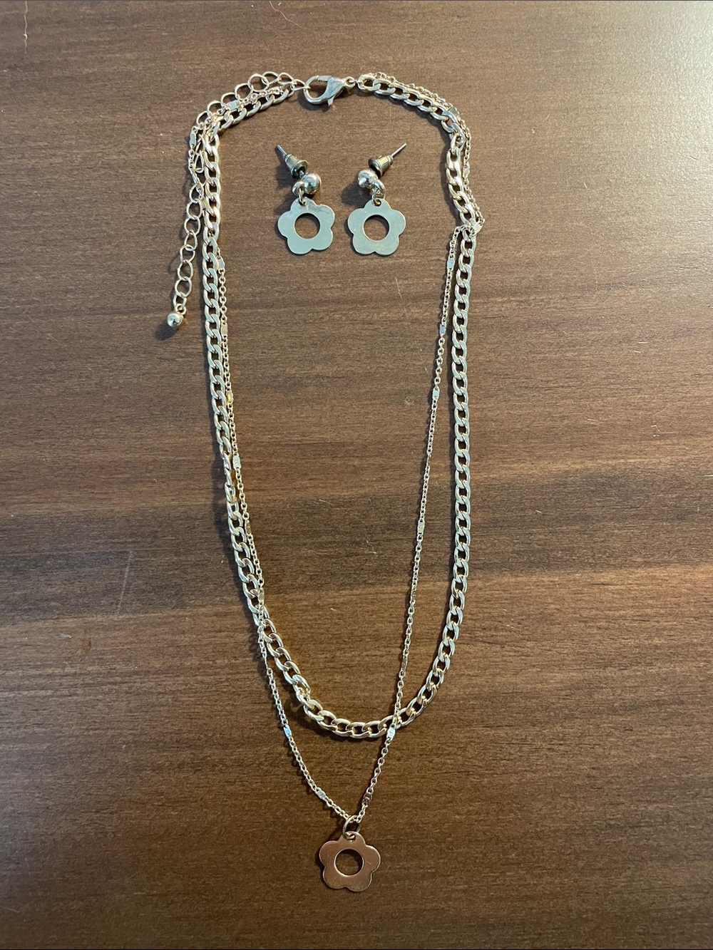 Gold Toned Flower Pendant Layered Necklace & Stud Earring Set